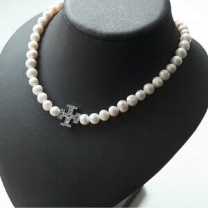 Tory Burch Kira Natural Pearl Silver Pavé Necklace